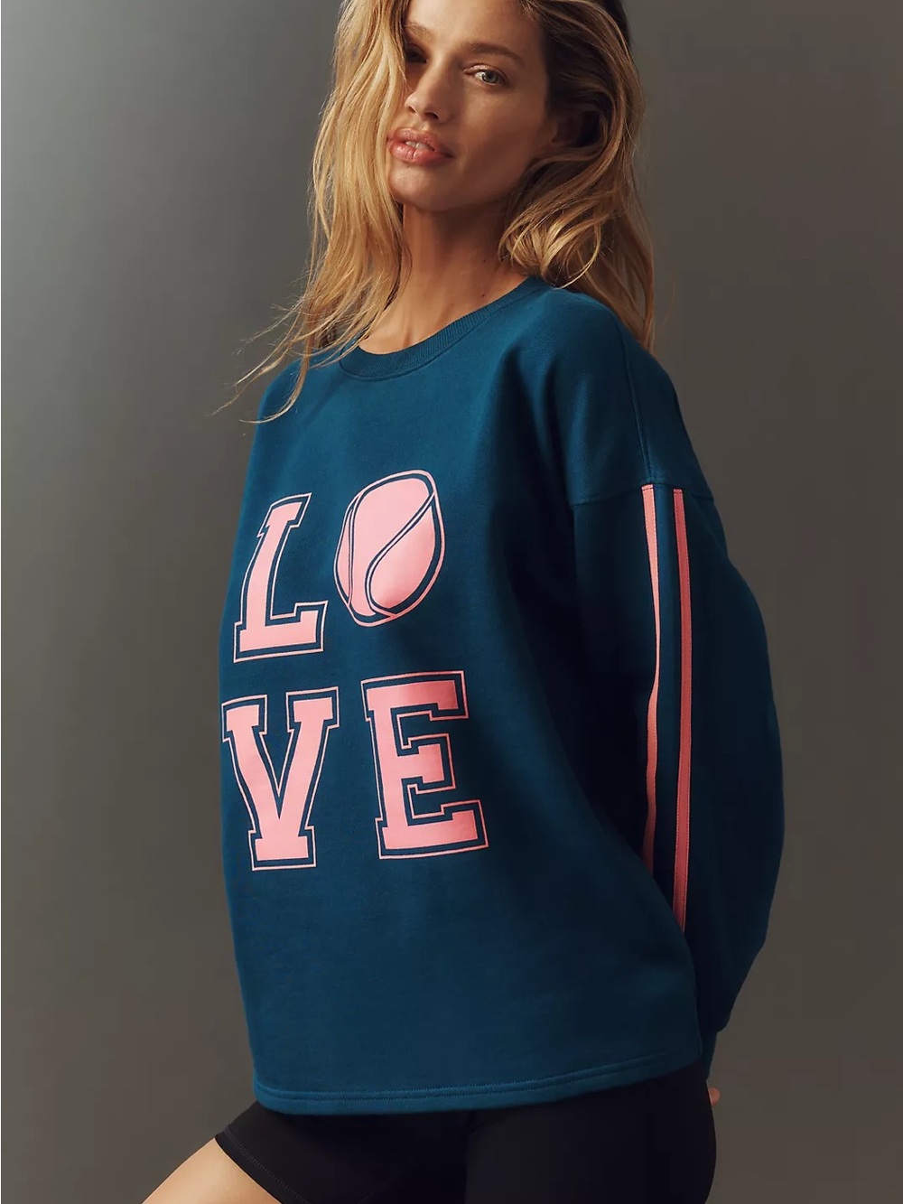 Beach Riot Teal Cyra Crewneck Sweatshirt with Pink Tennis 'LOVE' Size Small